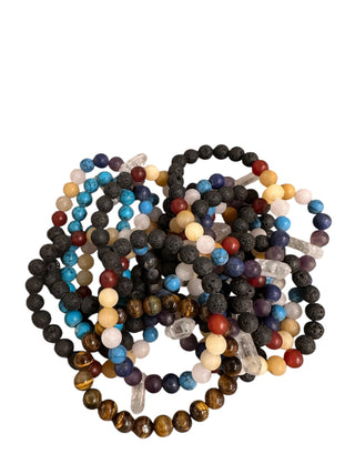 Raw Crystal Point Chakra & Lava Bead Bracelet - Set of 12