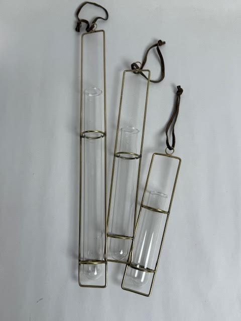 Hanging Glass Tube Vases- Assorted Set Of 3 Sizes- Brass