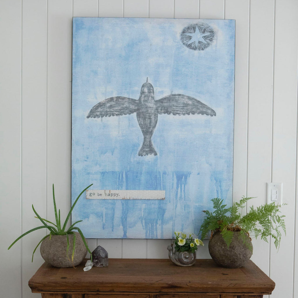 Go Be Happy Art Print - Grey Wood