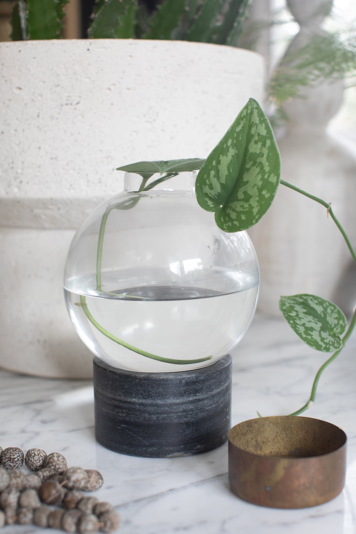 ***Round Glass Dome Vase on Marble Bases - Assorted Set of 3 Sizes