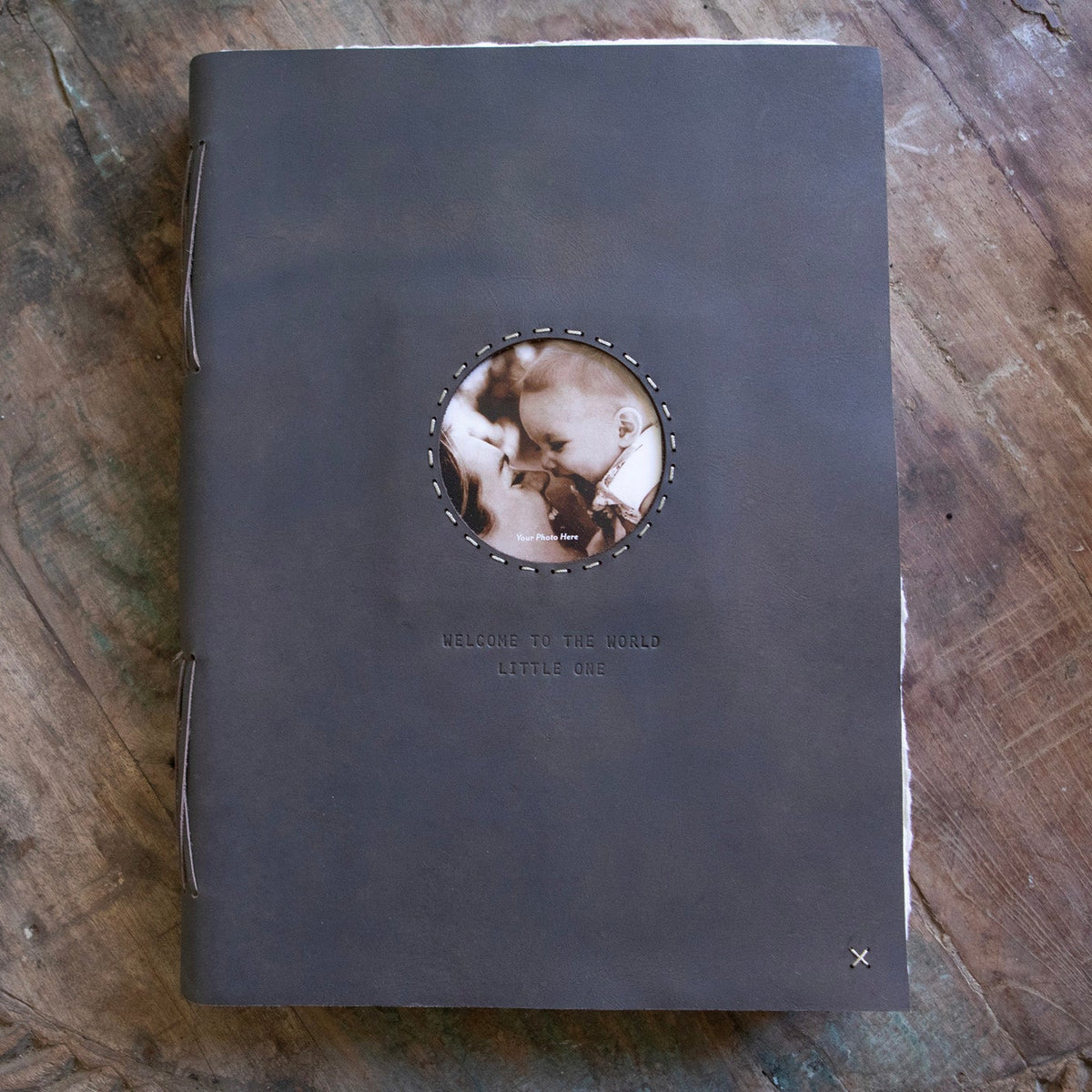 ***Welcome To The World Leather Photo Keeper 10x14 - Grey