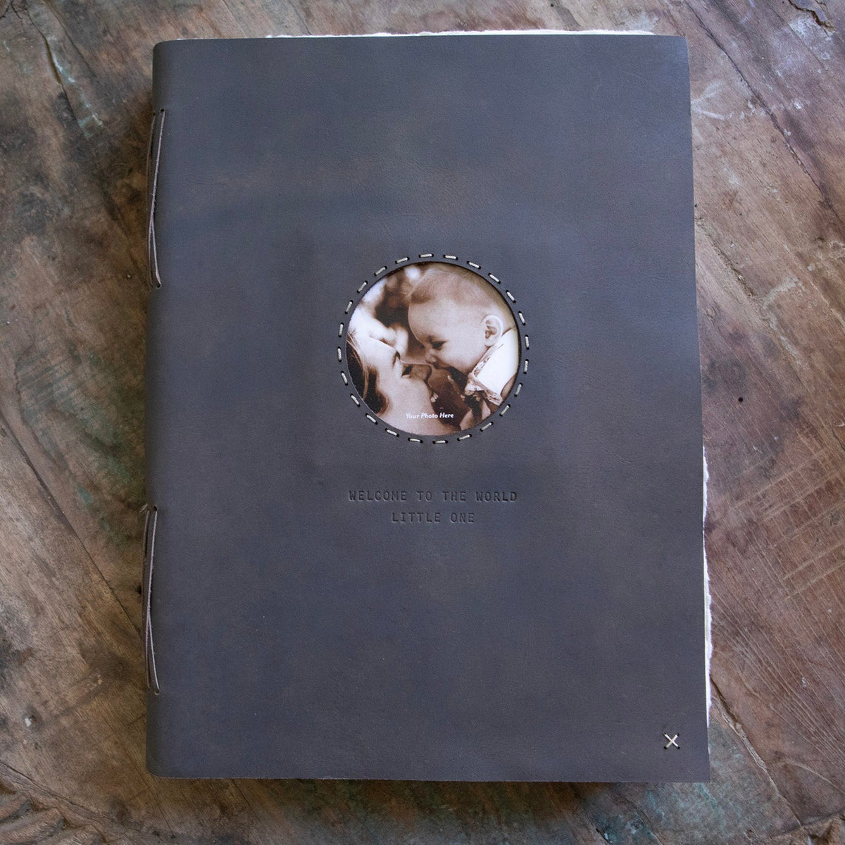 Welcome To The World Leather Photo Keeper 10x14 - Slate