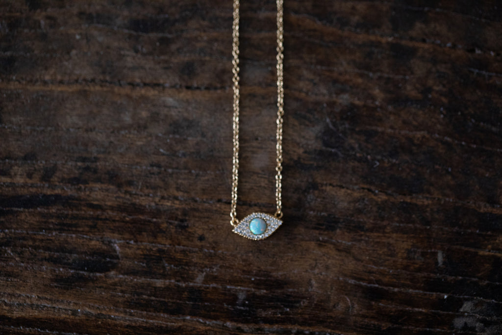 ***Gold Plated Evil Eye Necklace with Opal 16"