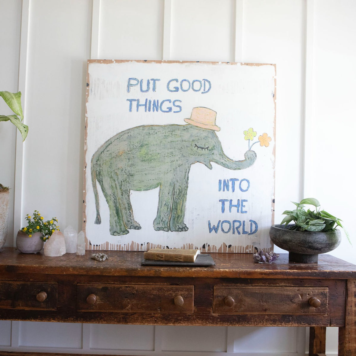 Good Things Elephant Art Print - Grey Wood