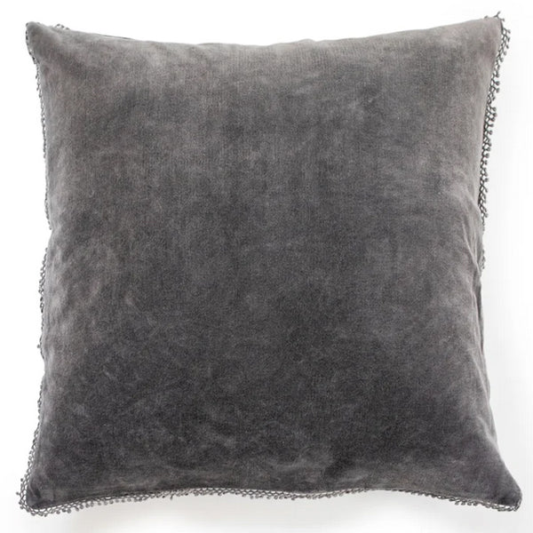 ***Ash Velvet Pillow With Poms 22x22