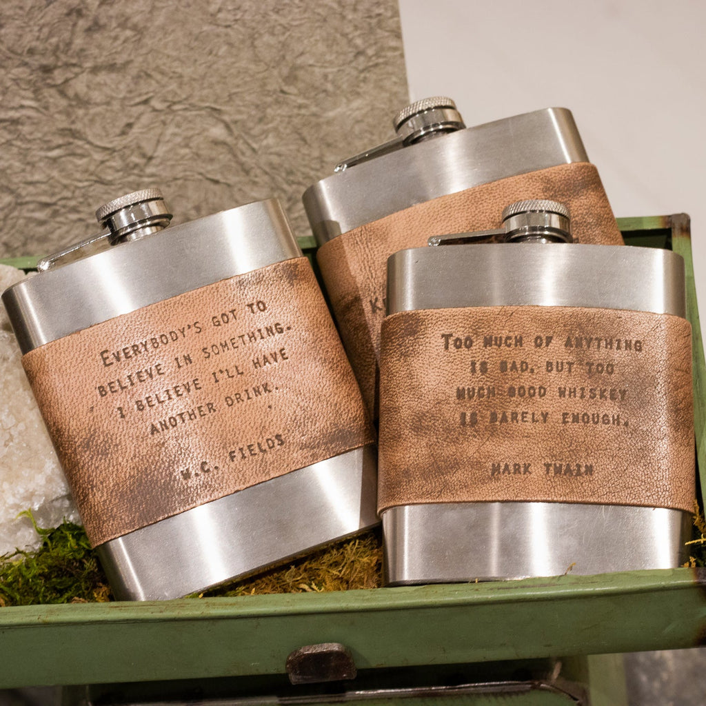 Brown Leather Quote Flasks - Assorted Set of 12