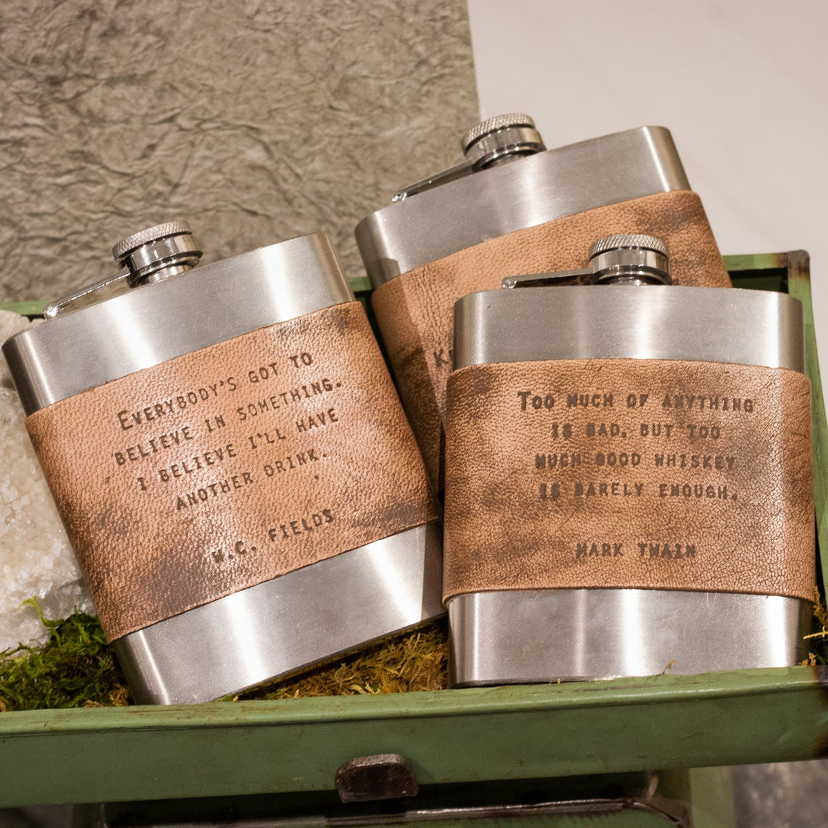 Brown Leather Quote Flasks - Assorted Set of 12