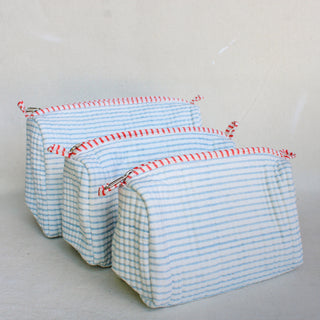 Blue Striped Quilted Zipper Bag- Medium