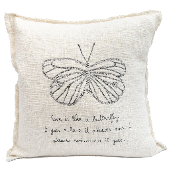 Love Is Like a Butterfly Embroidered Pillow 24x24 - Beige