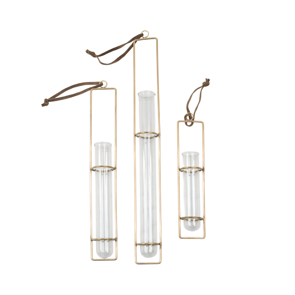 Hanging Glass Tube Vases- Assorted Set Of 3 Sizes- Brass