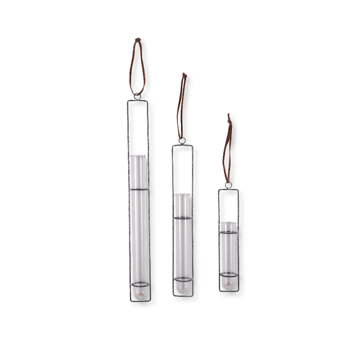 Zinc Hanging Glass Tube Vases - Assorted Set of 3