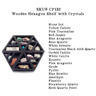 ***Wooden Hexagon Shelf with Crystals - 14" x 12" x 2"