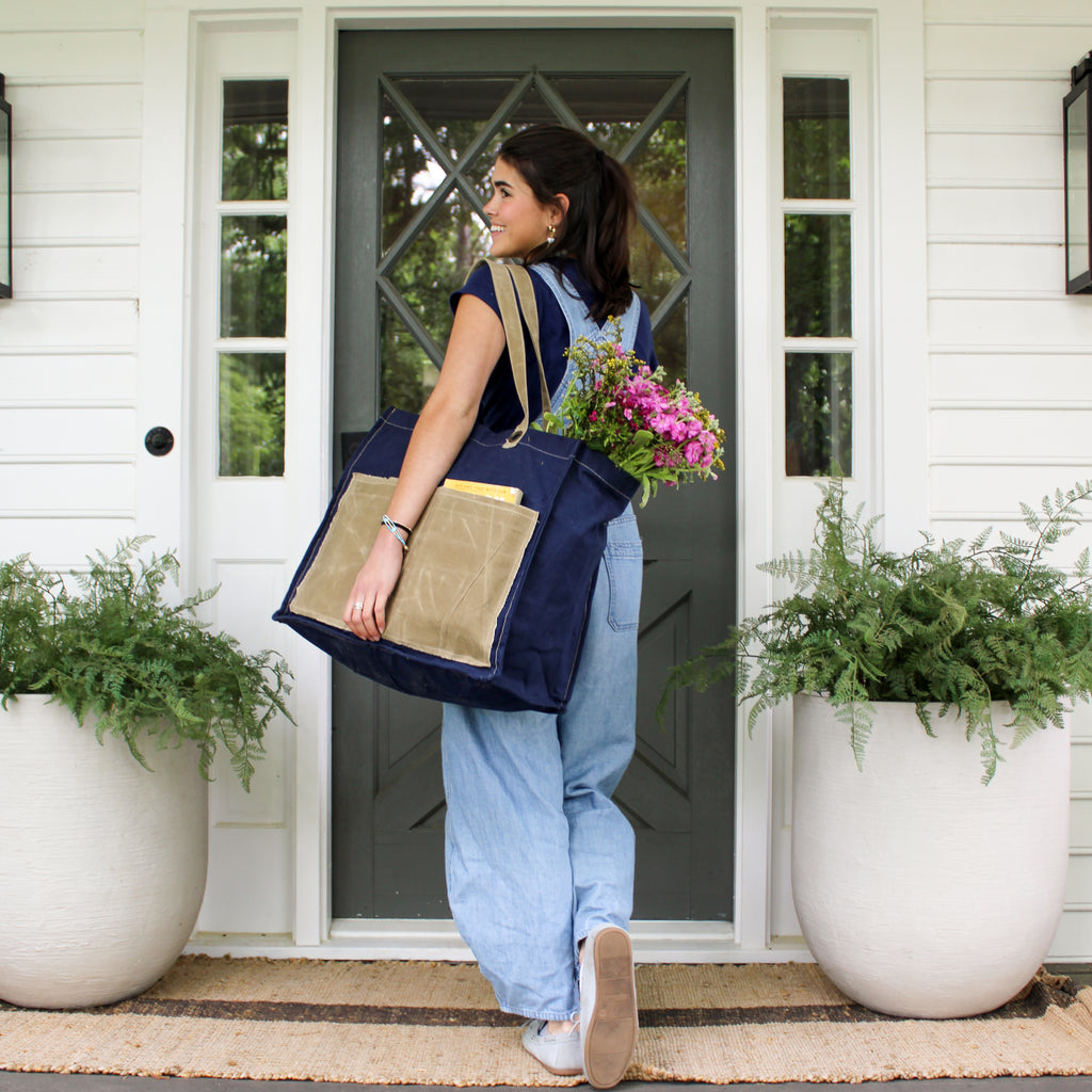 Distressed Canvas Two Tone Tote - Navy & Brown