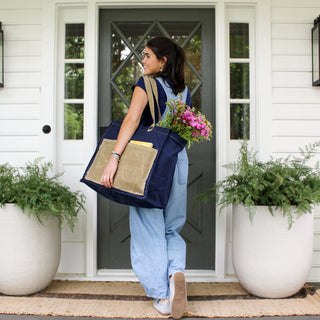 Distressed Canvas Two Tone Tote - Navy & Brown