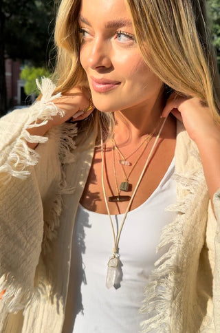 ***Clear Quartz Necklace with Silver Bead and Grey Suede