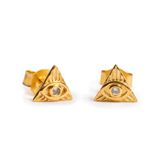Gold Plated Triangle Studs with White Topaz Evil Eye Earrings