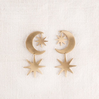 Brass Crescent Moon and Star Dangle Earrings