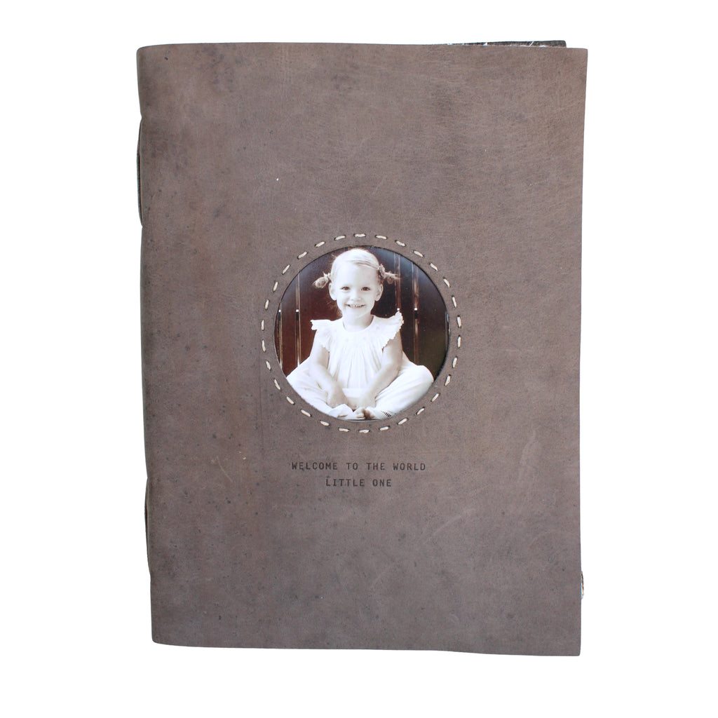 Welcome To The World Leather Photo Keeper 10x14 - Slate