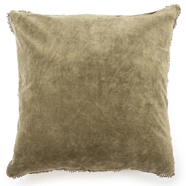Moss Velvet Pillow With Poms 22x22