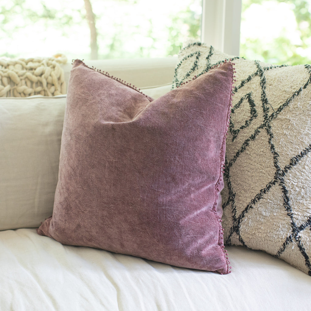Blush Velvet Pillow With Poms 22x22
