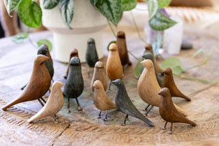 Standing Hand Carved Wooden Birds - Assorted Set of 18