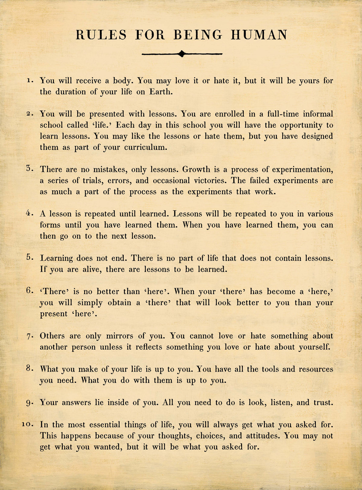 Rules For Being Human Art Print - Gallery Wrap