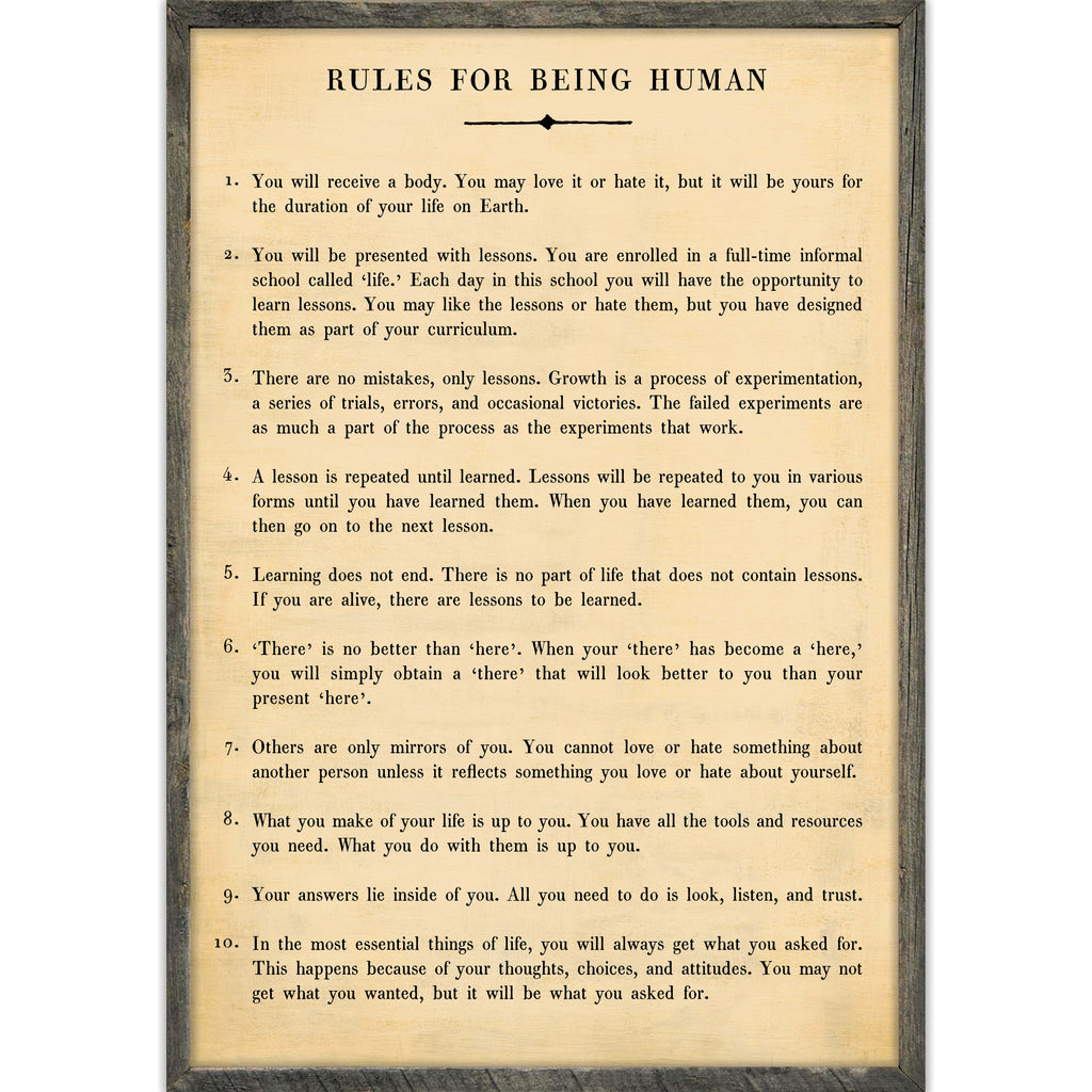 Rules For Being Human Art Print - Grey Wood