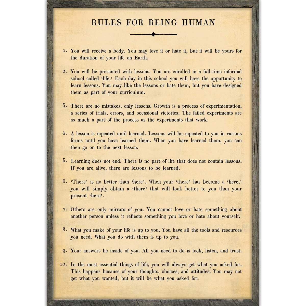 Rules For Being Human Art Print - Grey Wood