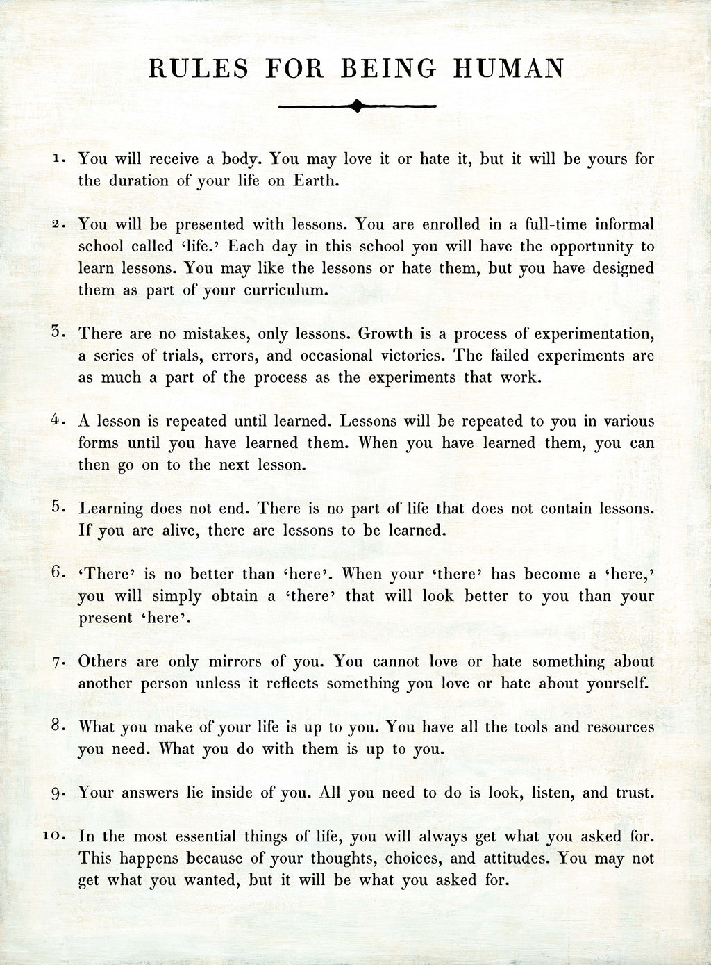 Rules For Being Human Art Print - Gallery Wrap
