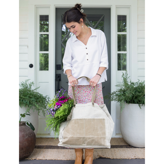Distressed Canvas Two Tone Tote - Cream & Brown