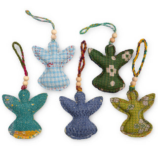 Kantha Angel Ornament with Wooden Beads - Set of 6
