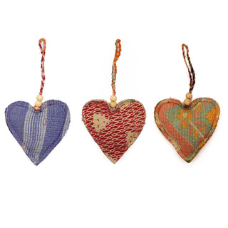 Kantha Heart Ornament with Wooden Beads - Set of 6