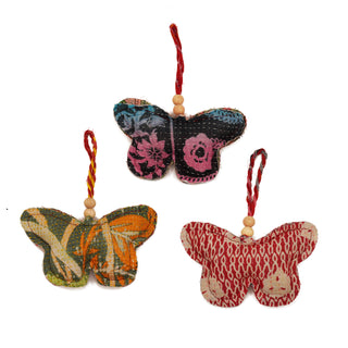 Kantha Butterfly Ornament with Wooden Beads - Set of 6