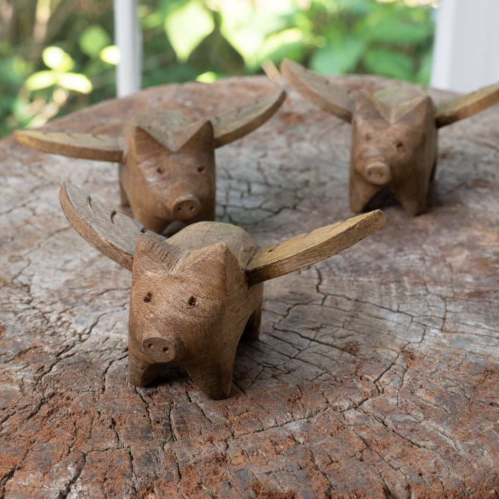 Handcarved Wooden Flying Pigs- Set of 12