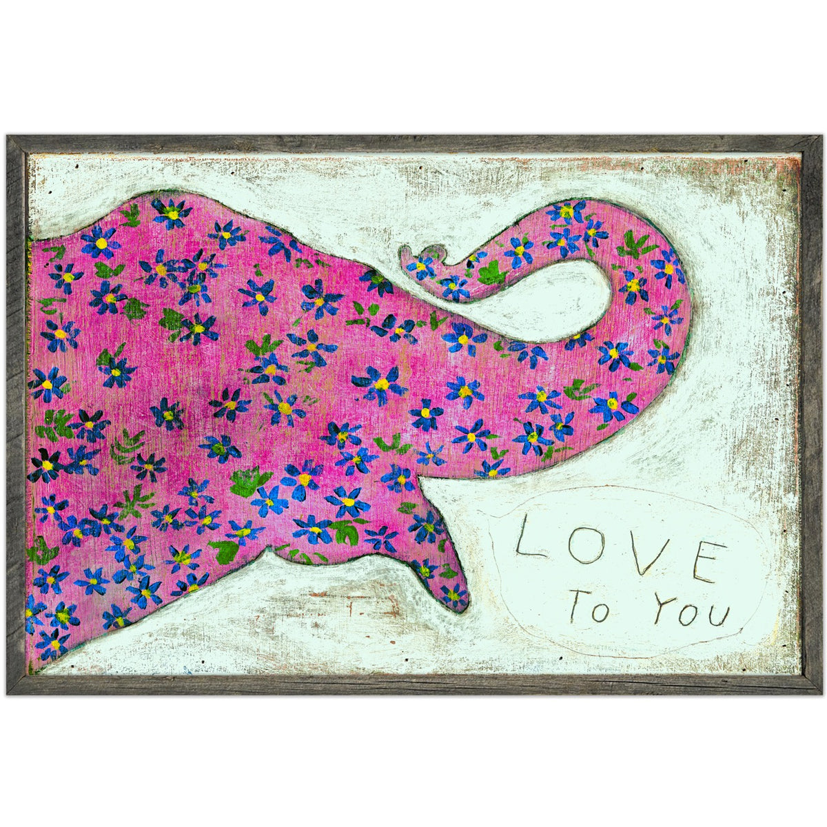 Pink Elephant Art Print - Grey Wood
