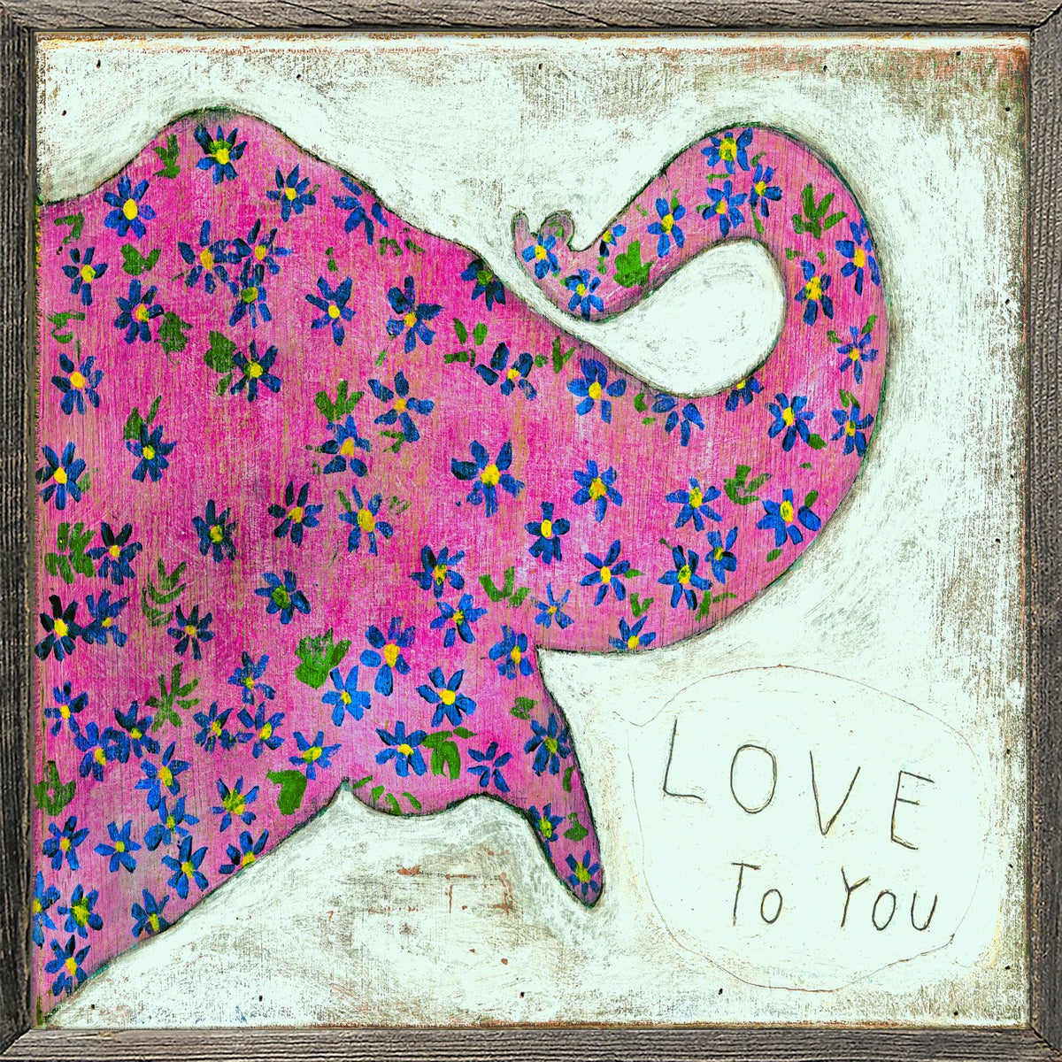 Pink Elephant Art Print - Grey Wood