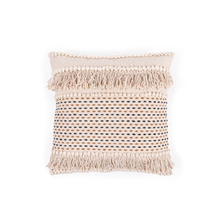 Cream Woven Pillow with Fringe and Black/Brown Stitching - 24"x24"