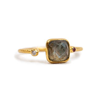 ***Gold Plated Labradorite Ring with Pink Tourmaline Stone & White Topaz Split