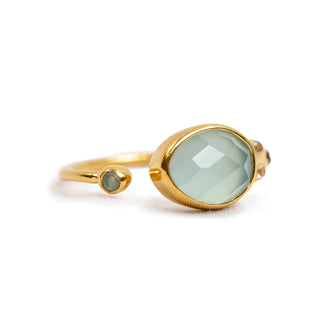 Gold Plated Aqua Chalcedony Ring with White Topaz and Small Ethiopian Opal