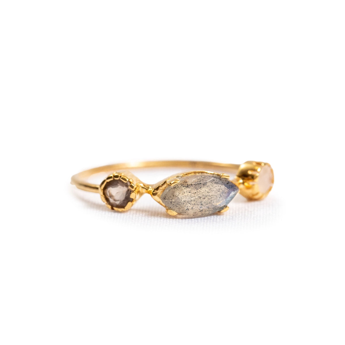 ***Rainbow Moonstone Labradorite & Smoky Quartz Gold Plated Ring - Size