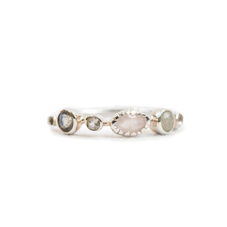 Rose Quartz, Labradorite & Rainbow Moonstone Silver Ring with White Topaz Accents - Size
