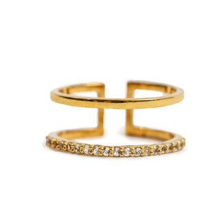 Gold Plated Brass White Topaz Pave Double Layer Ring Adjustable