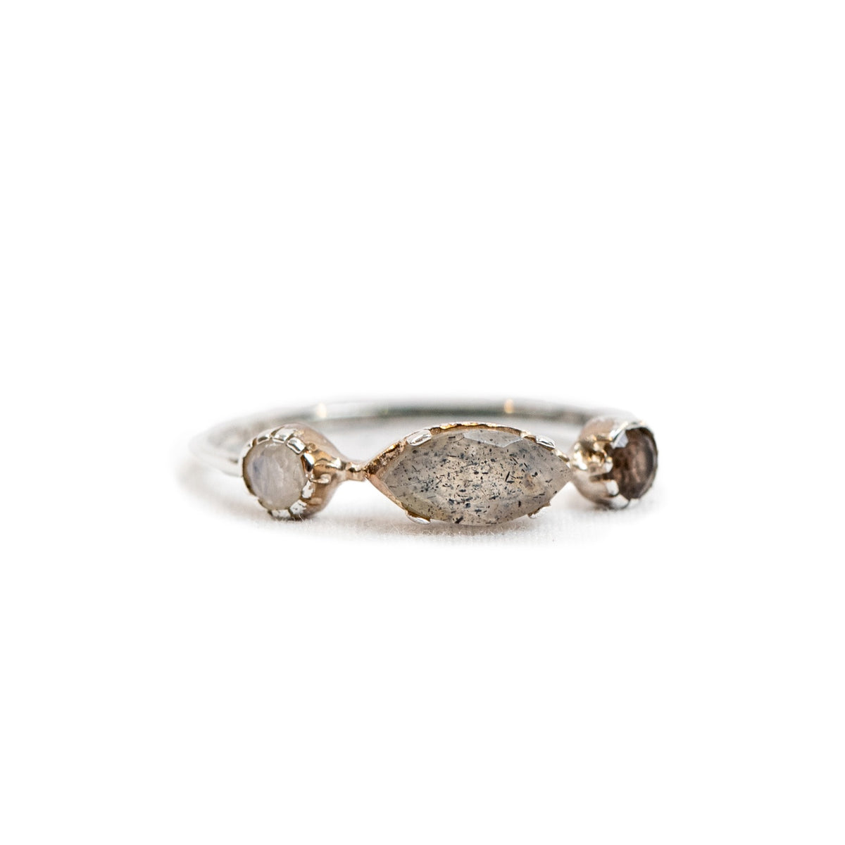 ***Rainbow Moonstone Labradorite & Smoky Quartz Silver Ring - Size
