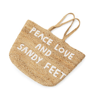 Large Peace Love and Sandy Feet Jute Tote Bag 21"x14"