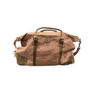 ***Blush Canvas Duffle Bag with Leather Handles and Grey Strap
