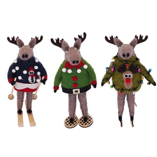 Felt Moose Ornaments with Ugly Christmas Sweaters - Assorted Set of 6