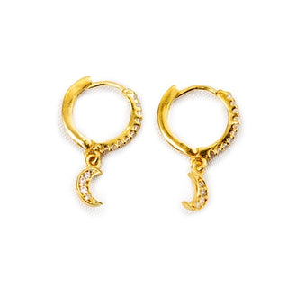 Gold Plated Brass Moon with CZ Huggie Earrings