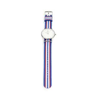***Wrist Watch with Blue, Red and White Nylon Strap Blue, Red and White 9.5" x 1"