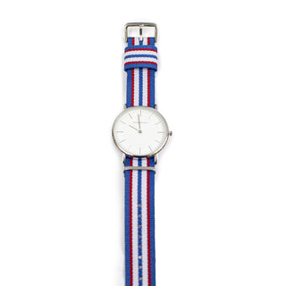 ***Wrist Watch with Blue, Red and White Nylon Strap Blue, Red and White 9.5" x 1"