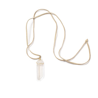 ***Clear Quartz Necklace with Gold Hardware and Grey Suede